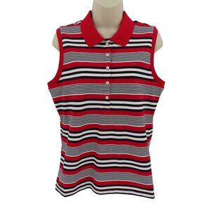 Tommy Hilfiger Women Medium Sleeveless Polo Collared Red Stripe Top Shirt NEW